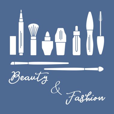 Makyaj. Dekoratif kozmetik Kozmetik yağı. Glamour moda moda stil. Göz kalemi, fırçalar, ruj, Kozmetik yağı, aplikatör, maskara.