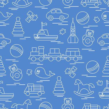 Çocuk oyuncakları ile Seamless modeli. Tren, otomobil, toplar, sallanan at, Roly, balina, bulmacalar, Piramit, tekne.