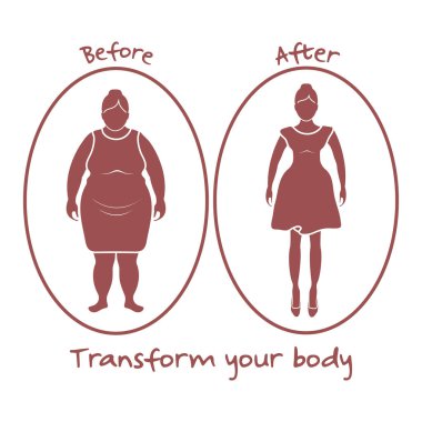 Şişman kadın ve düzgün kadın. Vücudunuzun dönüştürmek. Spor ve doğru beslenme ile fazla kilo ve obezite.