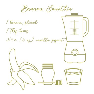 Tarifi, blender ve muz smoothie yapmak için malzemeler. Sağlıklı beslenme alışkanlıkları. Banner için tasarım ve baskı.