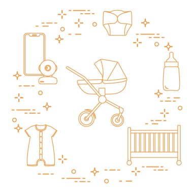 Bebekler için ürünler. Puset, beşik, Bebek telsizi, şişe, su geçirmez Külot, Tulum.