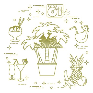 Sahilde, palmiye ağaçları, kokteyller, dondurma, müzik hoparlörler, muz, ananas, portakal Bar.