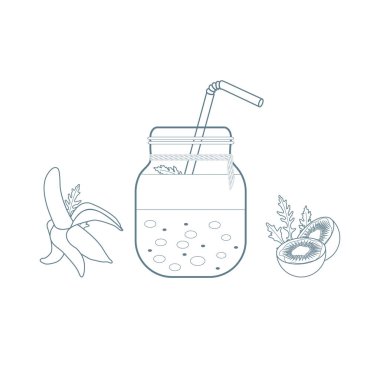 Smoothies ve güler yüzlü yapmak için malzemeler ile jar. Sağlıklı beslenme alışkanlıkları. Kolay pişirme işlemi.