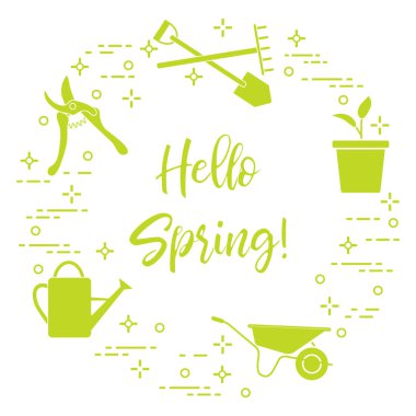 Budayıcı, tırmık, kürek, Filiz, pot, yaprakları, el arabası, sulama olabilir. İfade: Merhaba bahar. Tasarım, yazdırma için şablon.
