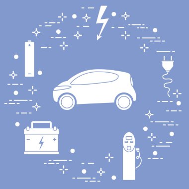 Elektrikli otomobil, pil, şarj istasyonu, elektrik güvenliği işareti, kablo, elektrik prizinden. Yeni ulaşım Çevre teknolojileri. 