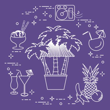 Sahilde, palmiye ağaçları, kokteyller, dondurma, müzik hoparlörler, muz, ananas, portakal Bar.