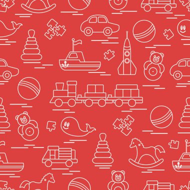 Çocuk oyuncakları ile Seamless modeli. Tren, otomobil, toplar, sallanan at, Roly, balina, bulmacalar, Piramit, tekne.