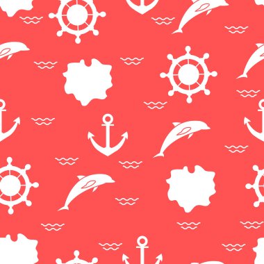 Yunuslar, çapa, direksiyon, dalgalar, Adaları ile Seamless modeli. Yaz eğlence.