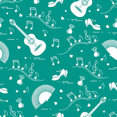 Fan, Ayakkabı, kastanyet, notlar, gitar ile Seamless modeli. Seyahat ve eğlence. İspanya'nın geleneksel semboller.