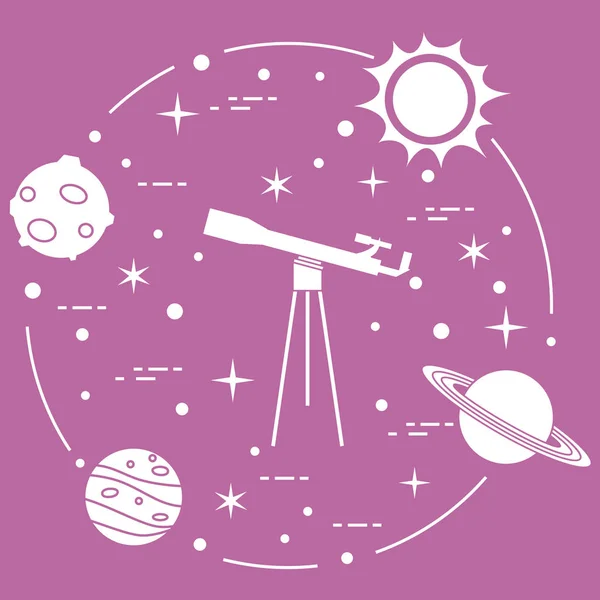 Scienza Telescopio Sole Luna Pianeti Stelle Esplorazione Spaziale Astronomia — Vettoriale Stock