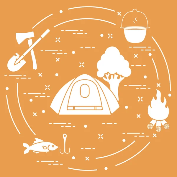 Tourism and outdoor recreation. Tourist tent, kettle, fire, ax, firewood, shovel, tree, fish, hook.