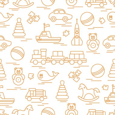 Çocuk oyuncakları ile Seamless modeli. Tren, otomobil, toplar, sallanan at, Roly, balina, bulmacalar, Piramit, tekne.