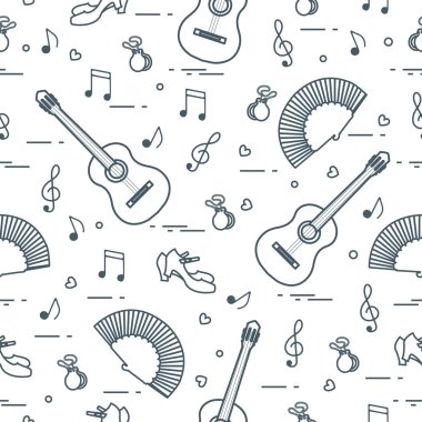 Fan, Ayakkabı, kastanyet, notlar, gitar ile Seamless modeli. Seyahat ve eğlence. İspanya'nın geleneksel semboller.