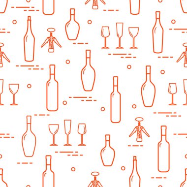 Şarap, Gözlük, tirbuşon, şarap şişeleri seamless modeli. Şarap yapma. Tatmak. Sommelier.