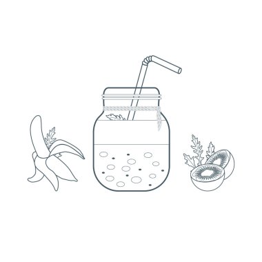 Smoothies ve güler yüzlü yapmak için malzemeler ile jar. Sağlıklı beslenme alışkanlıkları. Kolay pişirme işlemi.