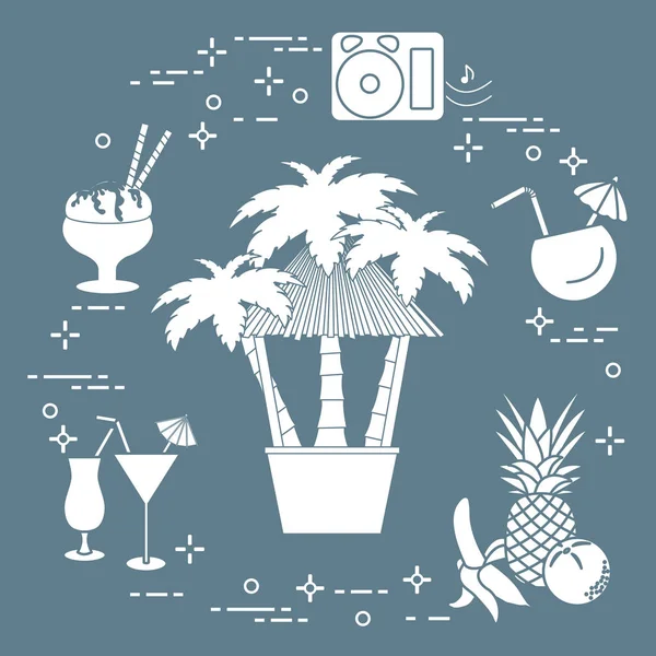 Sahilde Palmiye Ağaçları Kokteyller Dondurma Müzik Hoparlörler Muz Ananas Portakal — Stok Vektör