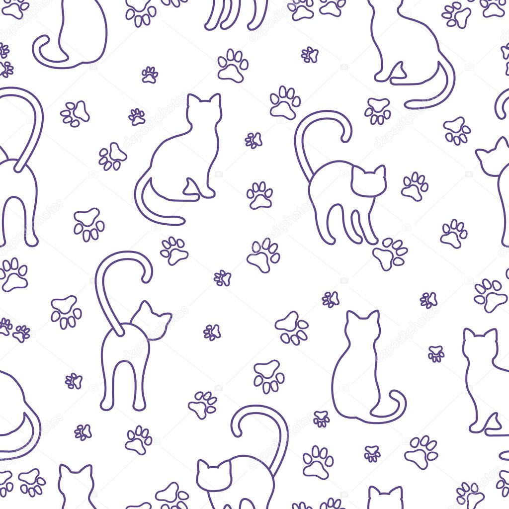 Seamless pattern with cats and traces. Template for design, fabric, print.