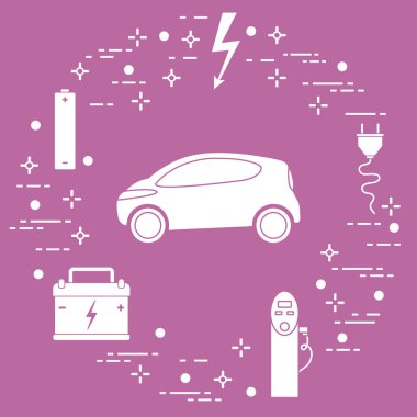 Elektrikli otomobil, pil, şarj istasyonu, elektrik güvenliği işareti, kablo, elektrik prizinden. Yeni ulaşım Çevre teknolojileri. 