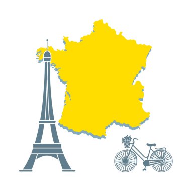 Fransa, Paris ünlü kule, bir sepet çiçek ile Bisiklet Haritası. Seyahat ve eğlence.
