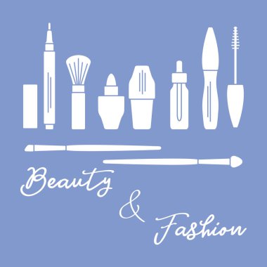 Makyaj. Dekoratif kozmetik Kozmetik yağı. Glamour moda moda stil. Göz kalemi, fırçalar, ruj, Kozmetik yağı, aplikatör, maskara.