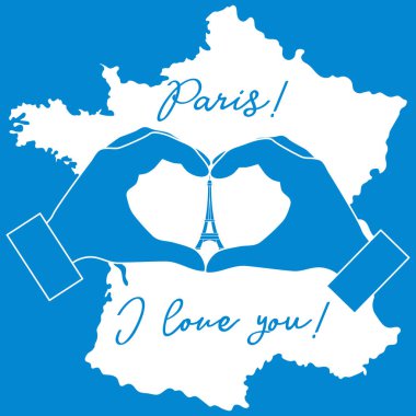 El bir kalp şekil verme. Kule, Paris sembolü. Yazıt Paris seni seviyorum. Seyahat ve eğlence.