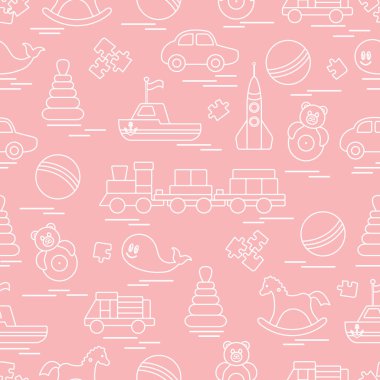 Çocuk oyuncakları ile Seamless modeli. Tren, otomobil, toplar, sallanan at, Roly, balina, bulmacalar, Piramit, tekne.