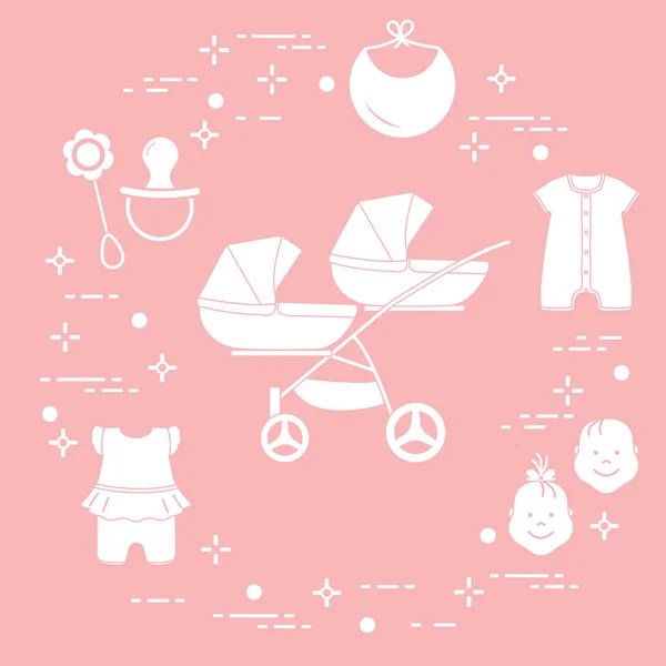 Marchandises Pour Bébés Poussette Pour Jumeaux Visage Garçon Fille Hochet — Image vectorielle