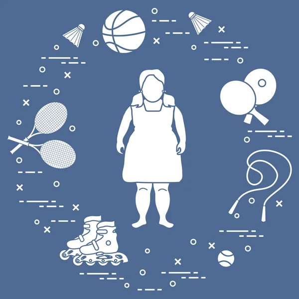 胖女孩 羽毛球拍和羽毛球 网球和篮球球 球拍和球 乒乓球 从童年的运动和健康的生活方式 — 图库矢量图片