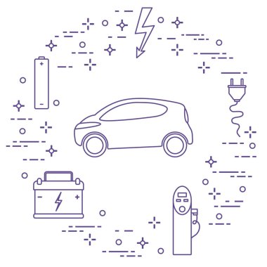 Elektrikli otomobil, pil, şarj istasyonu, elektrik güvenliği işareti, kablo, elektrik prizinden. Yeni ulaşım Çevre teknolojileri. 