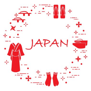 Geleneksel Japon giyim, Ayakkabı ve shurikens. Japonya geleneksel tasarım öğeleri.