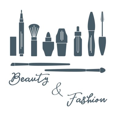 Makyaj. Dekoratif kozmetik Kozmetik yağı. Glamour moda moda stil. Göz kalemi, fırçalar, ruj, Kozmetik yağı, aplikatör, maskara.