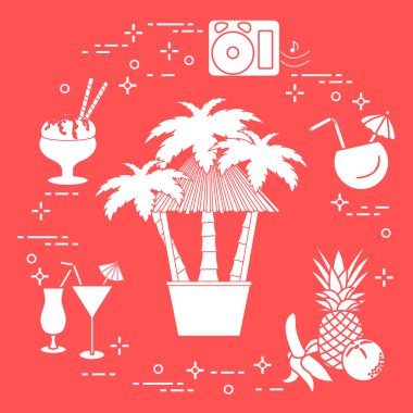 Sahilde, palmiye ağaçları, kokteyller, dondurma, müzik hoparlörler, muz, ananas, portakal Bar.