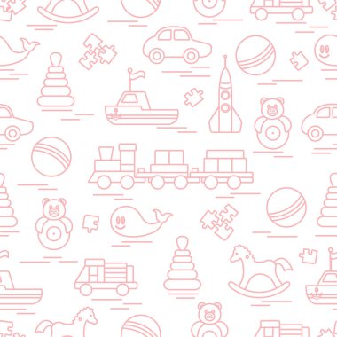 Çocuk oyuncakları ile Seamless modeli. Tren, otomobil, toplar, sallanan at, Roly, balina, bulmacalar, Piramit, tekne.