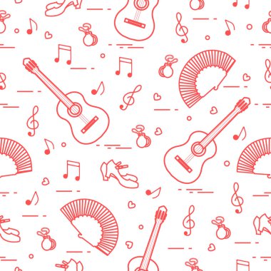 Fan, Ayakkabı, kastanyet, notlar, gitar ile Seamless modeli. Seyahat ve eğlence. İspanya'nın geleneksel semboller.