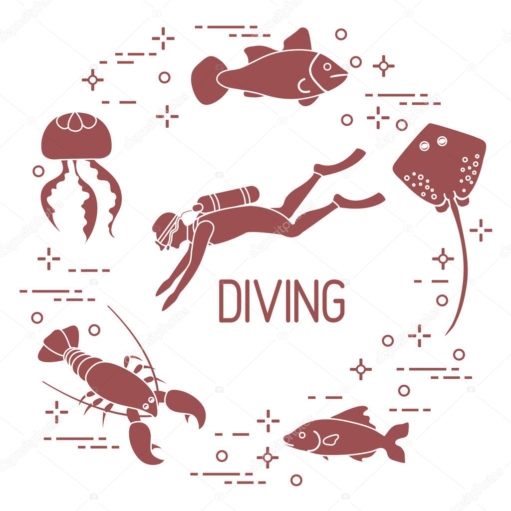 Diver, jellyfish, lobster, stingray, fish. Sports and recreation theme. 