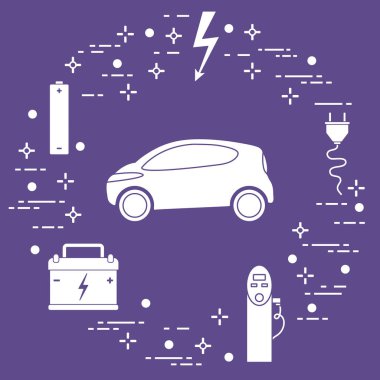 Elektrikli otomobil, pil, şarj istasyonu, elektrik güvenliği işareti, kablo, elektrik prizinden. Yeni ulaşım Çevre teknolojileri. 