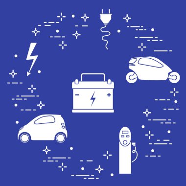Elektrikli arabalar, pil, şarj istasyonu, elektrik güvenliği işareti, kablo, elektrik prizinden. Yeni ulaşım Çevre teknolojileri.