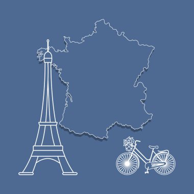 Fransa, Paris ünlü kule, bir sepet çiçek ile Bisiklet Haritası. Seyahat ve eğlence.