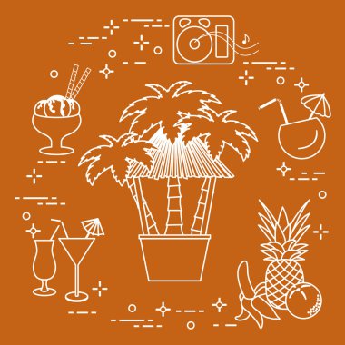 Sahilde, palmiye ağaçları, kokteyller, dondurma, müzik hoparlörler, muz, ananas, portakal Bar.