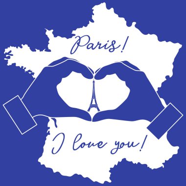 El bir kalp şekil verme. Kule, Paris sembolü. Yazıt Paris seni seviyorum. Seyahat ve eğlence.