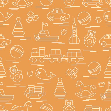 Çocuk oyuncakları ile Seamless modeli. Tren, otomobil, toplar, sallanan at, Roly, balina, bulmacalar, Piramit, tekne.