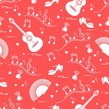 Fan, Ayakkabı, kastanyet, notlar, gitar ile Seamless modeli. Seyahat ve eğlence. İspanya'nın geleneksel semboller.
