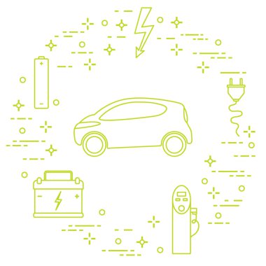 Elektrikli otomobil, pil, şarj istasyonu, elektrik güvenliği işareti, kablo, elektrik prizinden. Yeni ulaşım Çevre teknolojileri. 