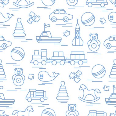 Çocuk oyuncakları ile Seamless modeli. Tren, otomobil, toplar, sallanan at, Roly, balina, bulmacalar, Piramit, tekne.