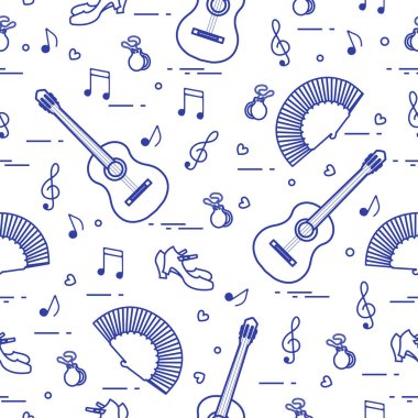 Fan, Ayakkabı, kastanyet, notlar, gitar ile Seamless modeli. Seyahat ve eğlence. İspanya'nın geleneksel semboller.