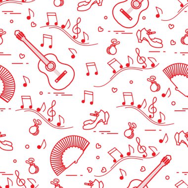 Fan, Ayakkabı, kastanyet, notlar, gitar ile Seamless modeli. Seyahat ve eğlence. İspanya'nın geleneksel semboller.
