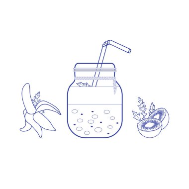 Smoothies ve güler yüzlü yapmak için malzemeler ile jar. Sağlıklı beslenme alışkanlıkları. Kolay pişirme işlemi.