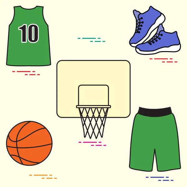 运动制服和篮球设备 篮球篮 运动鞋 — 图库矢量图片