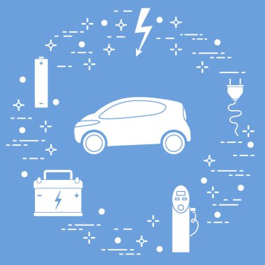 Elektrikli otomobil, pil, şarj istasyonu, elektrik güvenliği işareti, kablo, elektrik prizinden. Yeni ulaşım Çevre teknolojileri. 