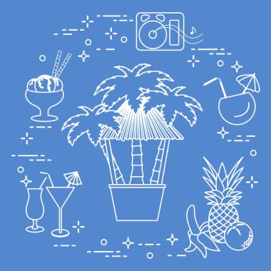 Sahilde, palmiye ağaçları, kokteyller, dondurma, müzik hoparlörler, muz, ananas, portakal Bar.